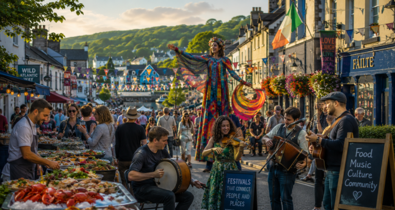 People enjoying a traditional summer festival in a picturesque Irish town with local food, music and community celebrations during August