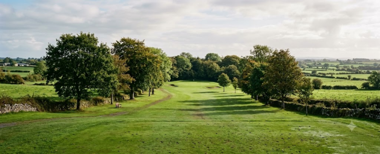 Tree-lined fairway at a rural parkland golf course near Ballaghaderreen in County Roscommon, Ireland