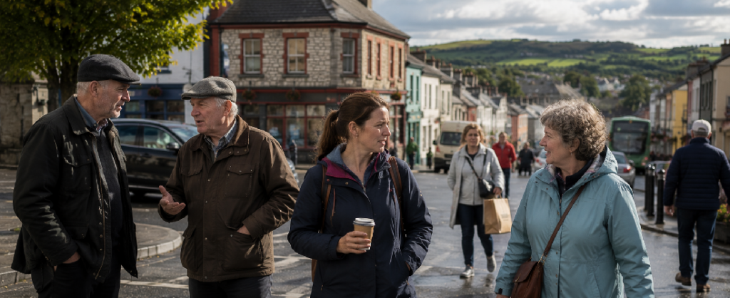 Everyday life in a regional Irish town with local homes, shops, roads and surrounding countryside beyond Ireland's major tourist destinations.