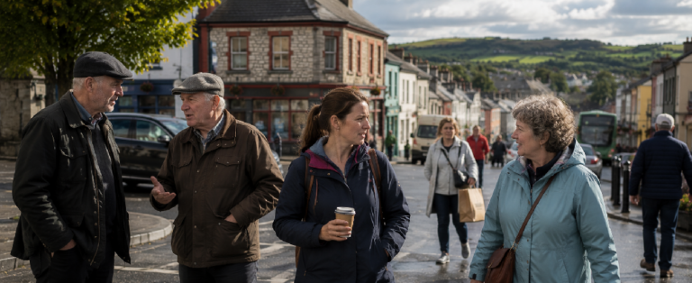 Everyday life in a regional Irish town with local homes, shops, roads and surrounding countryside beyond Ireland's major tourist destinations.