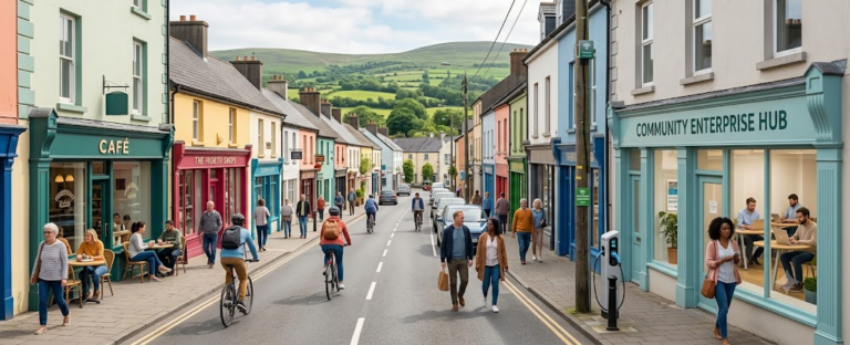 Modern regional Irish town illustrating everyday life, remote working opportunities and community living outside Dublin.