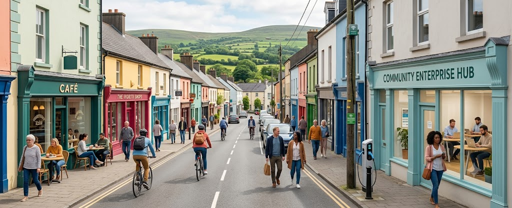Modern regional Irish town illustrating everyday life, remote working opportunities and community living outside Dublin.