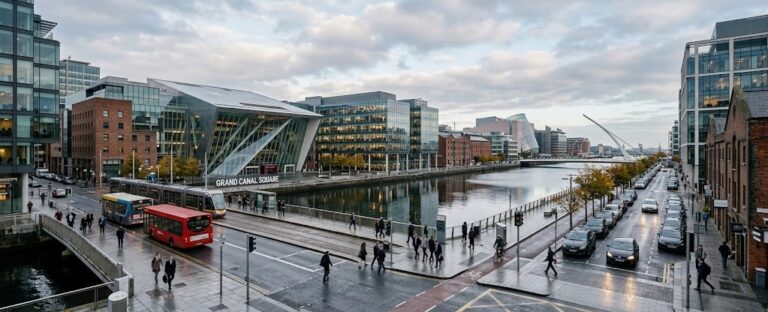 Contemporary Irish technology and business district representing Ireland’s growing AI investment and international business opportunities in 2026.
