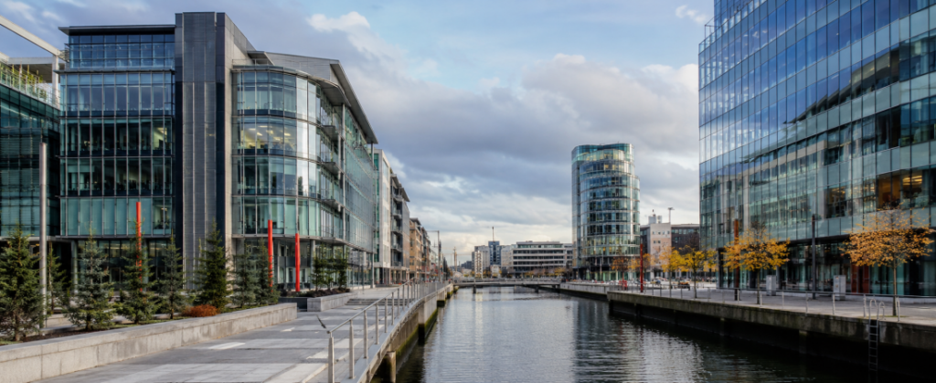 Modern business district in Dublin representing Irish holding companies, international investment and business formation in Ireland