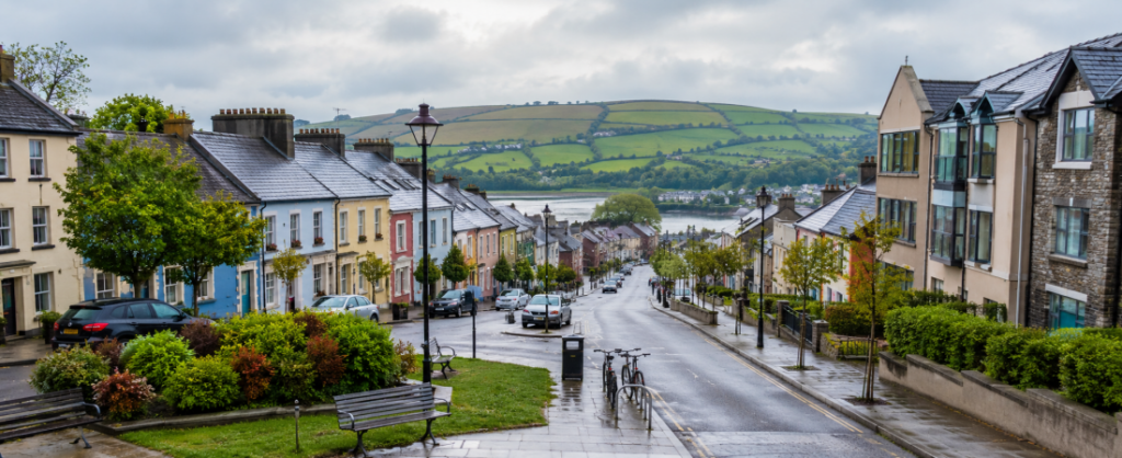 Everyday life in a regional Irish town showing homes, local businesses and community surroundings reflecting quality of life in Ireland in 2026.