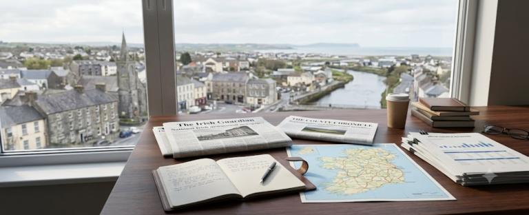 Irish newspapers, local maps and research documents used to compare national information with regional realities.