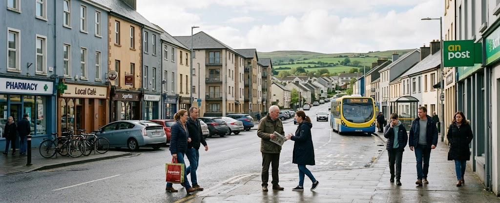 Residents in an ordinary Irish regional town illustrating the housing, transport, work and lifestyle factors involved in moving to Ireland.