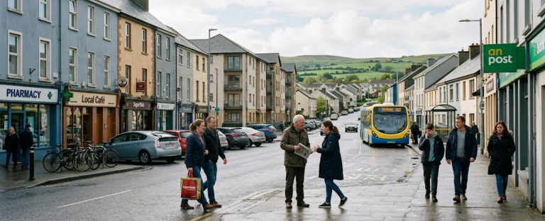 Residents in an ordinary Irish regional town illustrating the housing, transport, work and lifestyle factors involved in moving to Ireland.