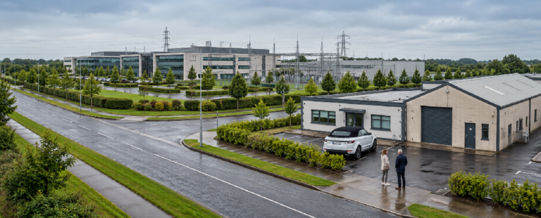 Modern Irish business landscape contrasting major technology and data-centre investment with a smaller SME workspace during Ireland's 2026 funding squeeze.