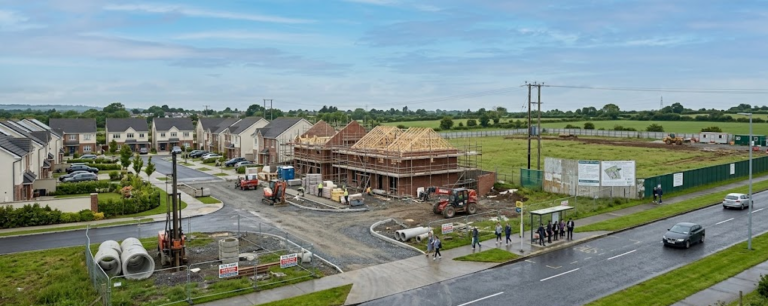 Irish housing and infrastructure at different stages of development, illustrating the gap between planning approval and completed delivery.