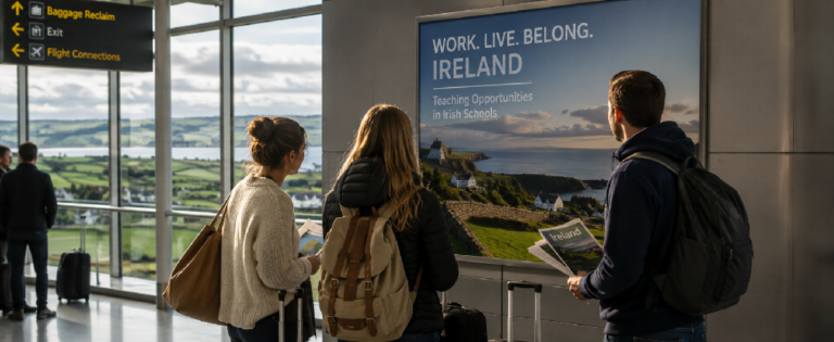 Rural Irish town with school, local businesses and housing illustrating Ireland's challenge in attracting teachers, healthcare professionals and skilled workers.