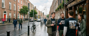 Everyday civic life in central Dublin reflecting Ireland's internationally engaged political culture.