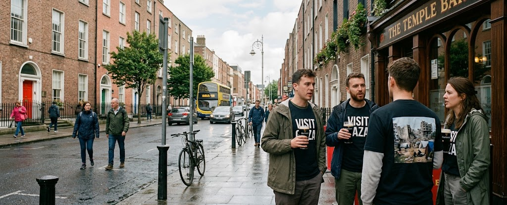 Everyday civic life in central Dublin reflecting Ireland's internationally engaged political culture.