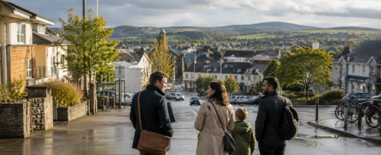 International professionals and a family exploring a regional Irish town while considering relocation and building a future in Ireland.
