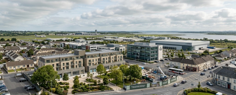 Shannon, County Clare, showing the Irish town's business environment and town-centre development potential as regional investment grows beyond Dublin.