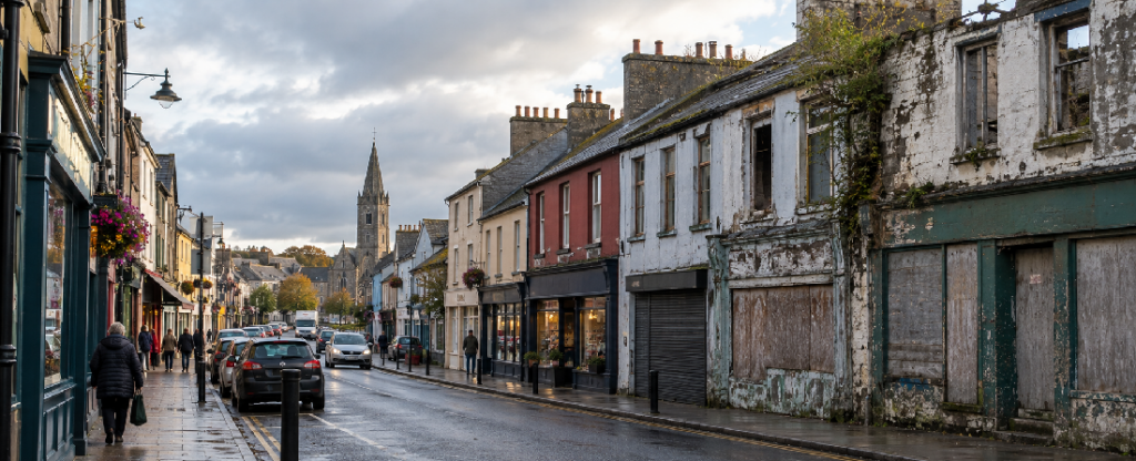 Irish regional town centre with active shops beside vacant and derelict buildings after rain.