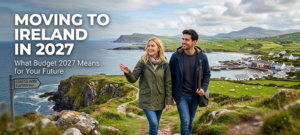 Working families and everyday residential life in an Irish regional town, illustrating the practical impact of Budget 2027 on people considering a future in Ireland.