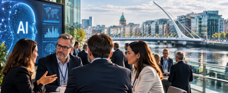Business leaders discussing artificial intelligence at an AI summit in Dublin, Ireland, overlooking the River Liffey and Samuel Beckett Bridge.