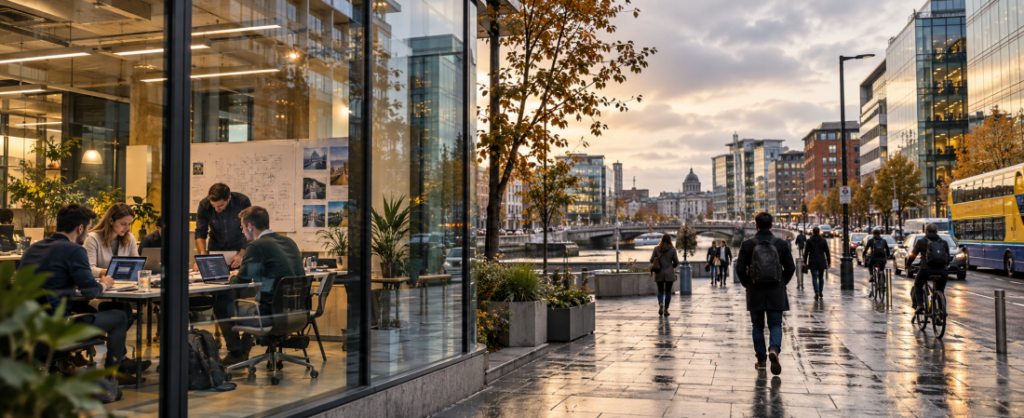 Irish innovation and business district illustrating the investment and entrepreneurship implications of Ireland’s Budget 2027.