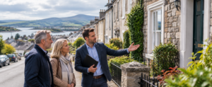 Irish estate agent discussing a residential property with prospective buyers in an Irish town following nationwide rental reforms.
