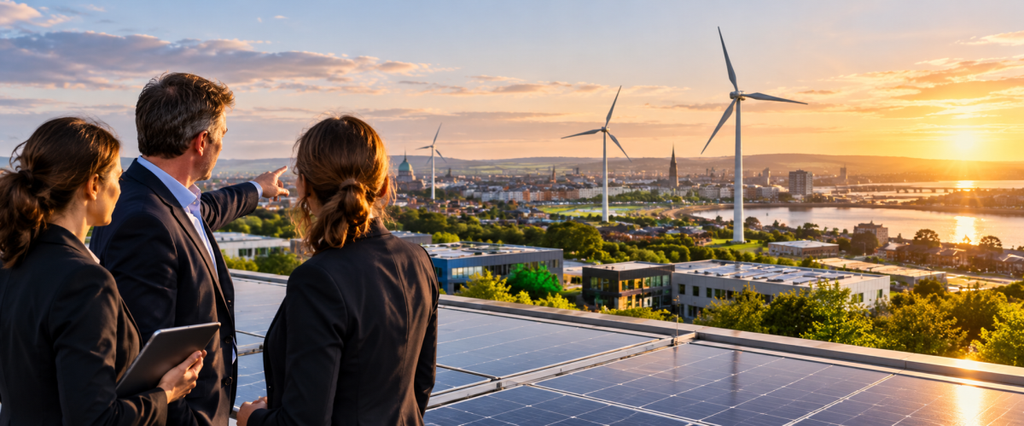Business leaders overlooking solar panels, wind turbines and modern Irish infrastructure, representing energy investment and Ireland's transition to a lower-carbon economy.