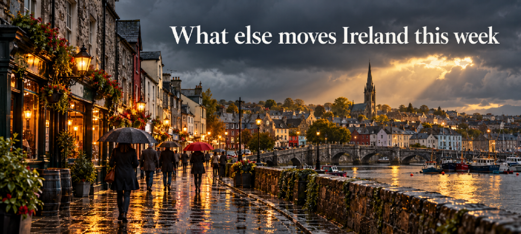 INSIDE IRELAND Rainy authentic Irish street with umbrella pedestrians, pub light reflections and headline "What else moves Ireland this week" — everyday life in Ireland beyond tourism