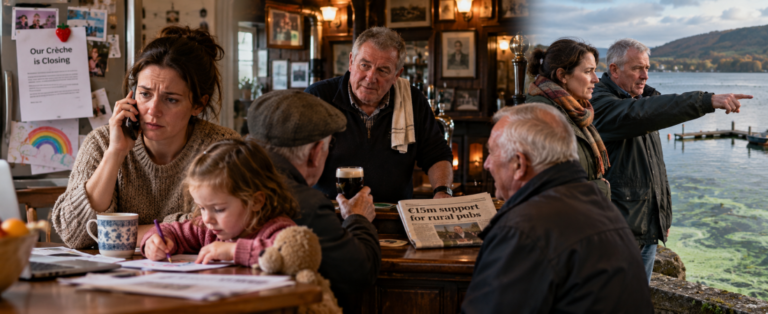 Everyday life in Ireland: a mother facing a childcare closure, locals discussing support for rural pubs, and residents confronting an algal bloom at an Irish lake.
