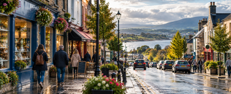 Everyday life in an Irish regional town with families, local businesses and professionals, illustrating relocation and digital opportunities.